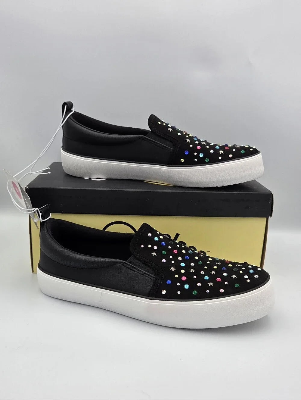 Art Class Girls Black Slip-On Sneakers with Multicolor Studs 4 NIB